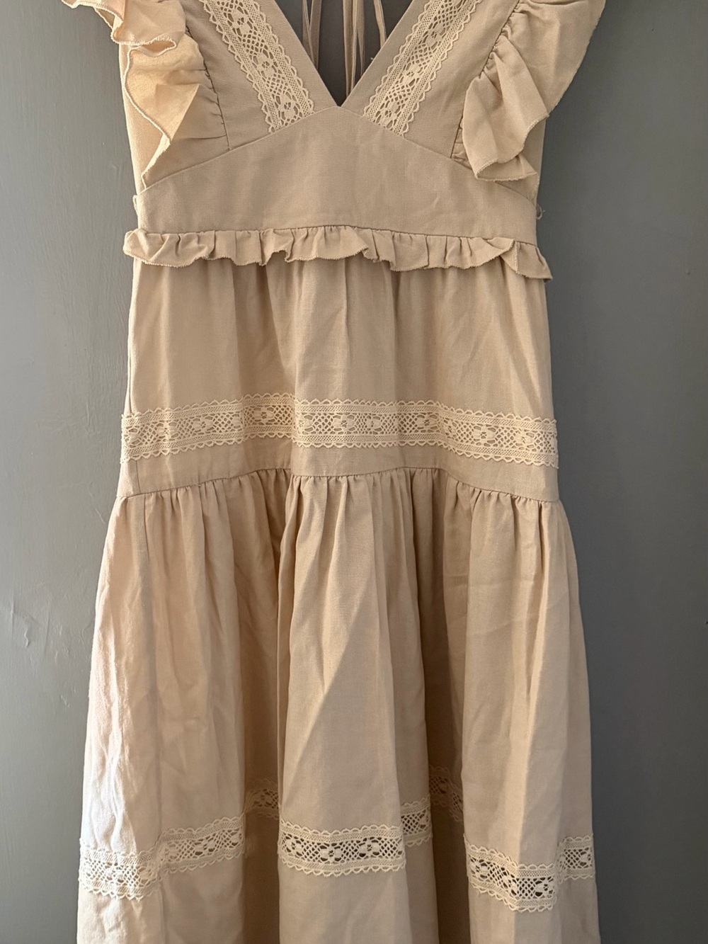 Women's Beige Lace-Trim Midi Dress with Ruffle Details
